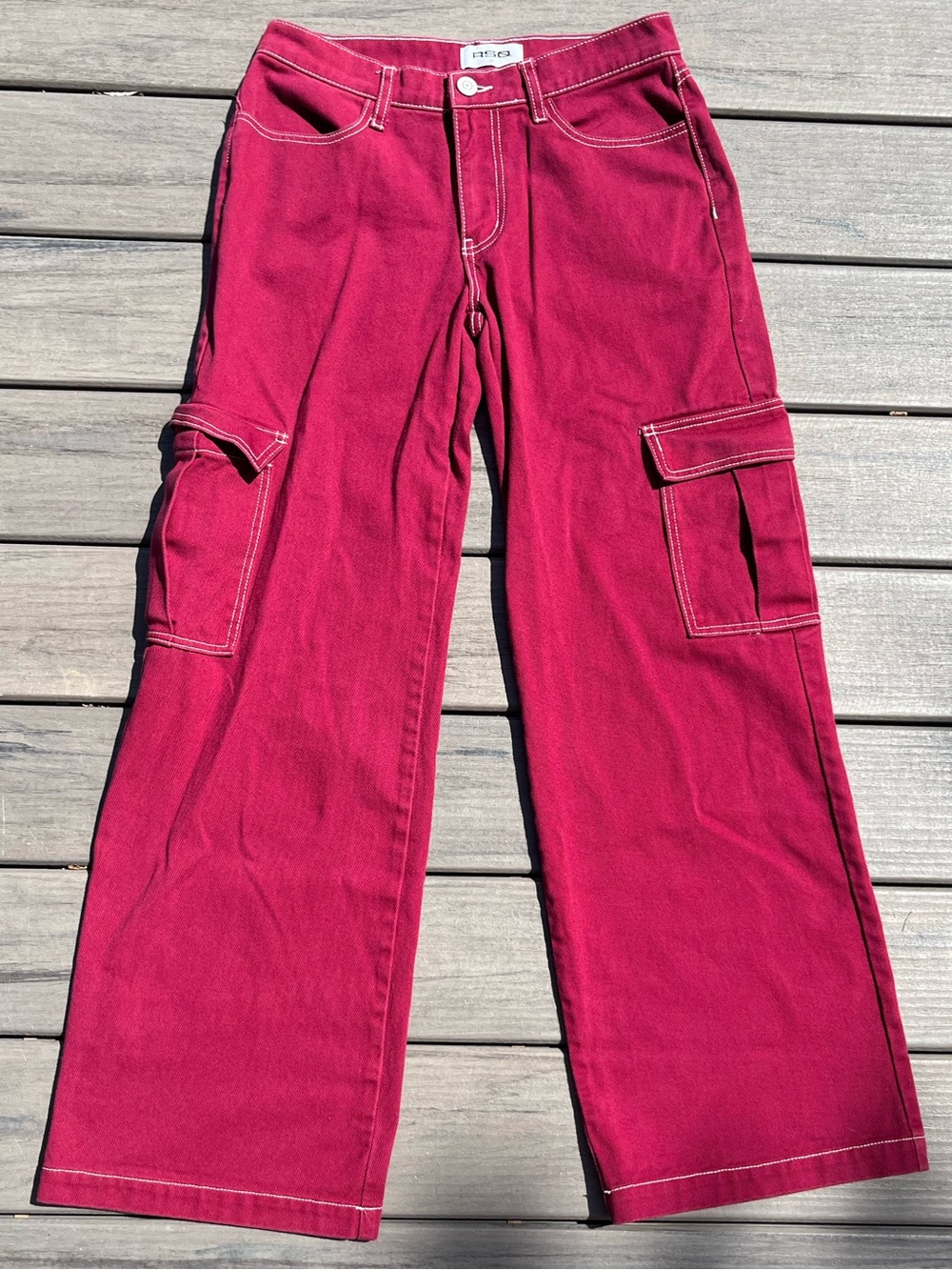 RSQ; Raspberry/Red Wine; Wide Leg/Flare; Cargo Jeans; White Stitching; US26